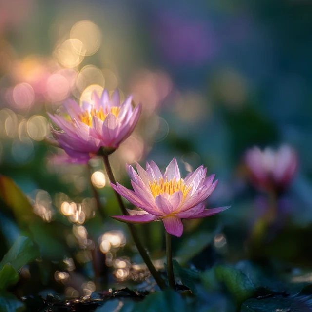 Lotus Flowers in Soft Light with Bokeh Effect