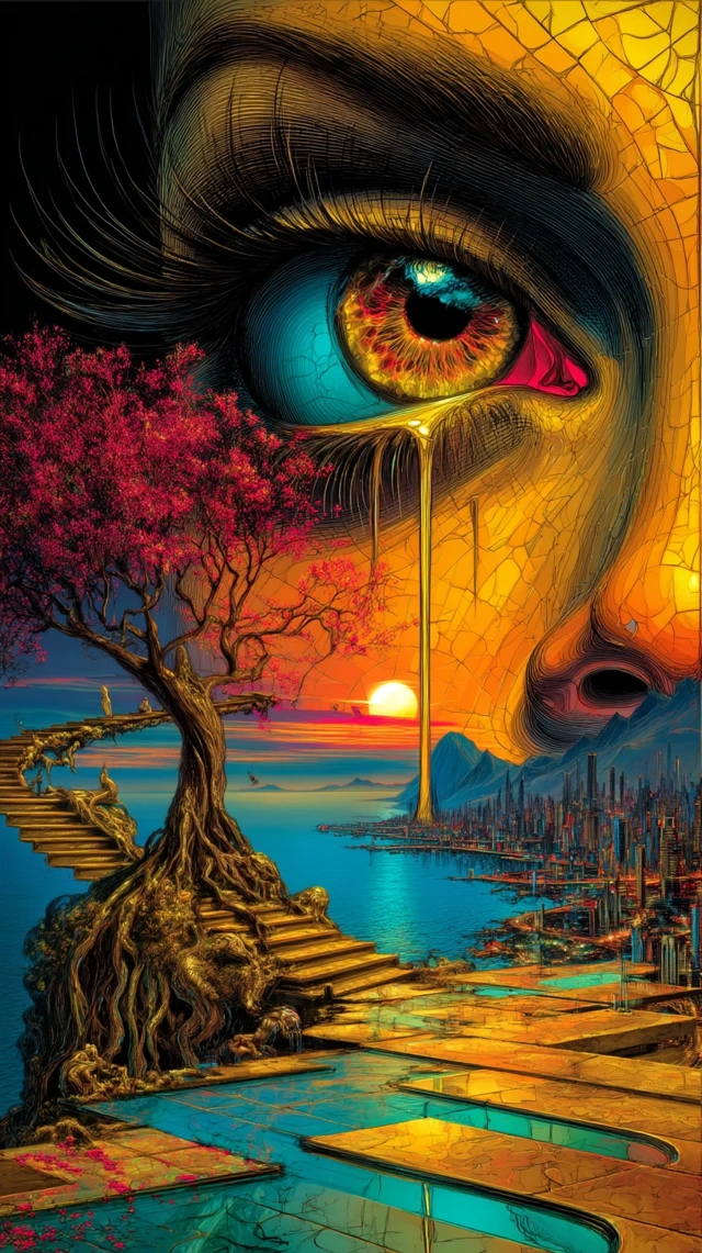 Surreal Art: Eye, Tree and City in Style of Kush and Dali