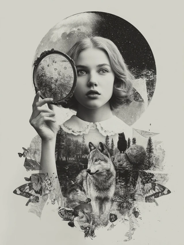 Woman Mirror Cosmic Wolves Moon Retro Art