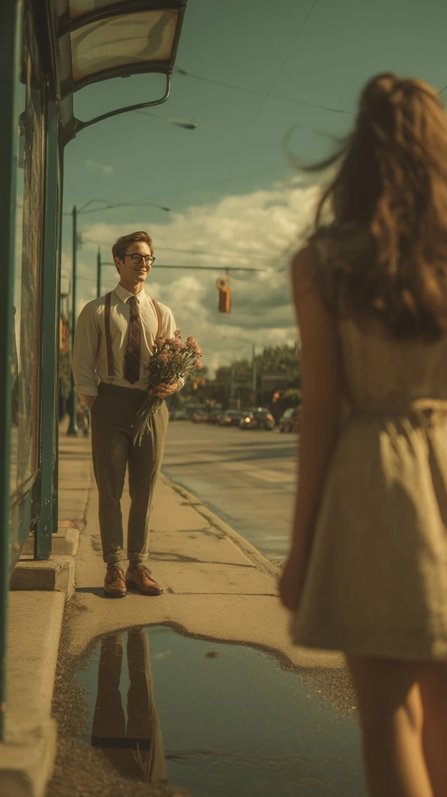 Romantic City Scene Man with Flowers at Bus Stop
