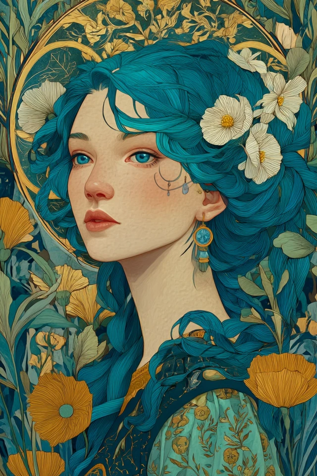 Art Nouveau Woman with Blue Hair and Flowers