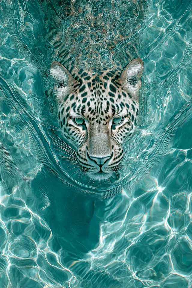 Amur Leopard Swimming in Turquoise Pool