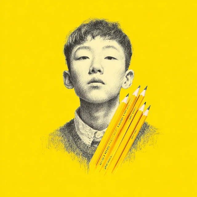 Boy with Pencils Graphite Drawing on Yellow Background