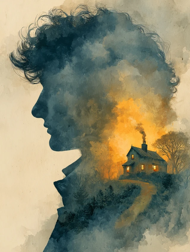 Double Exposure Man and Home Longing