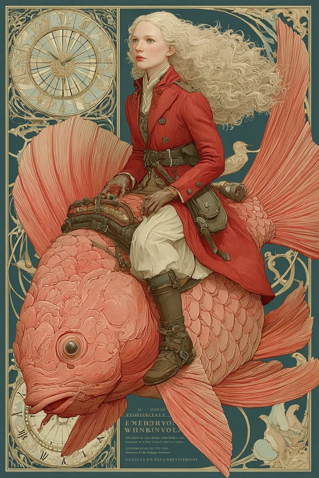 Woman on Pink Fish Art Deco Dreamlike Illustration