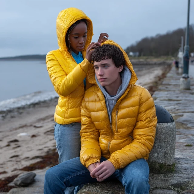 Young Couple on Beach: Bright Jackets and Rainy Day