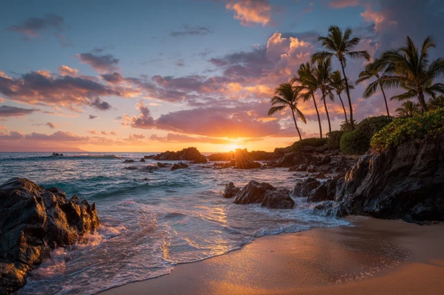 Hawaiian Sunset Beach Paradise with Palm Trees