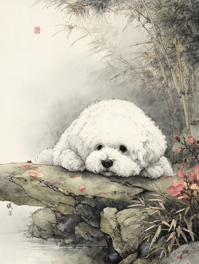 Chinese Ink Painting Bichon Frise in Misty Forest