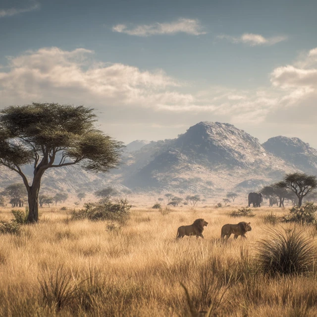 African Savannah Lions Elephants Landscape 8K