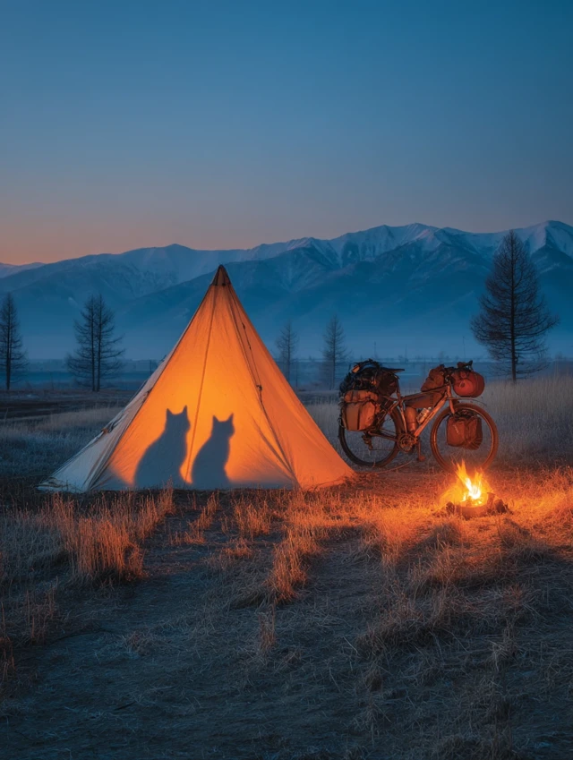 Camping with Cats at Sunset - Altay Mountains