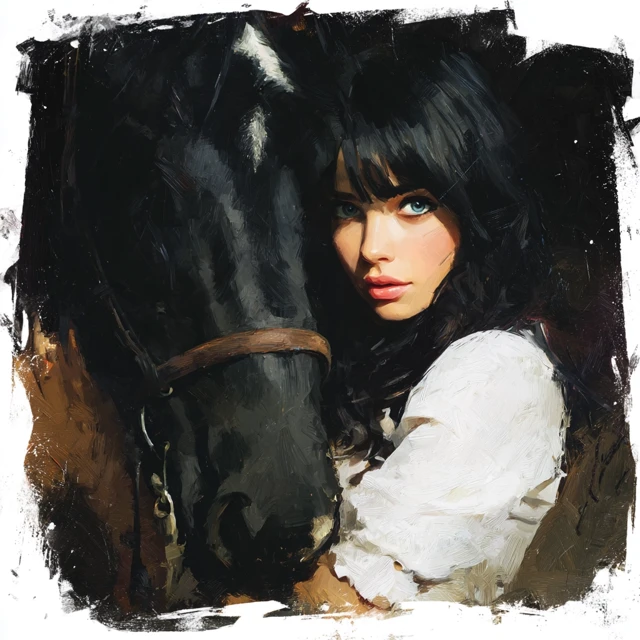 Beautiful Girl with Dark Hair and a Horse