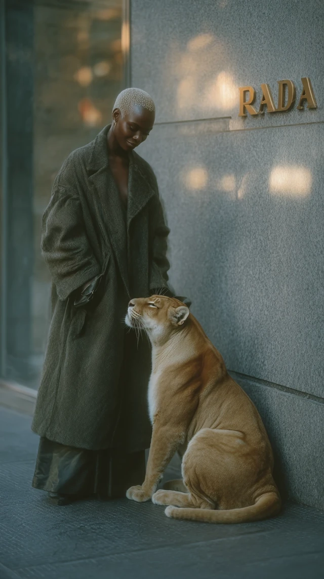 Black Woman in Elegant Coat with Pet Inspired by Vogue