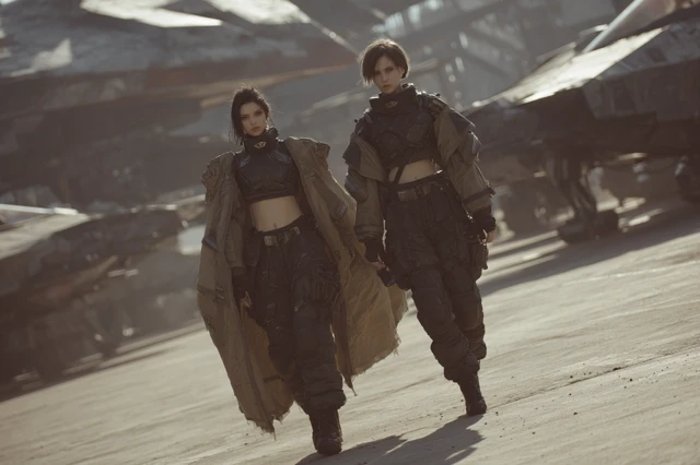 Futuristic Female Warriors in Hangar Scene