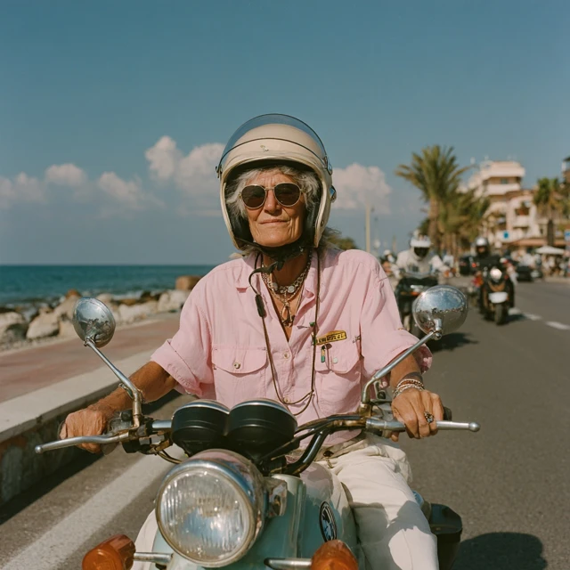 Woman on Scooter Seaside Road Smiling