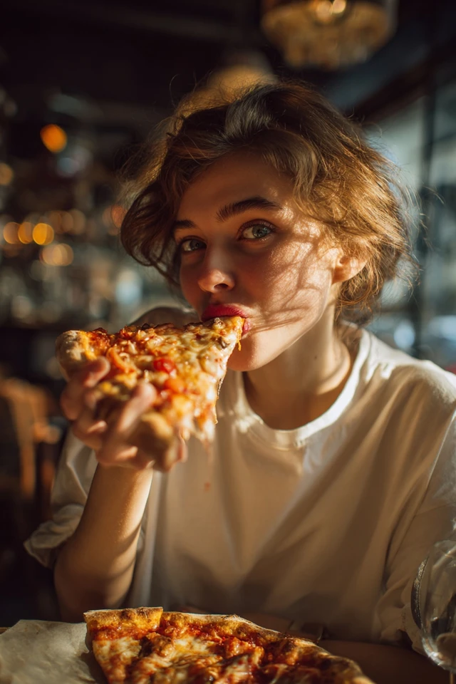 Woman Enjoying a Slice of Pizza