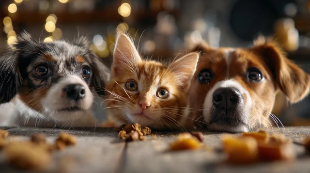 Happy Pets Cats and Dogs Eating in Kitchen