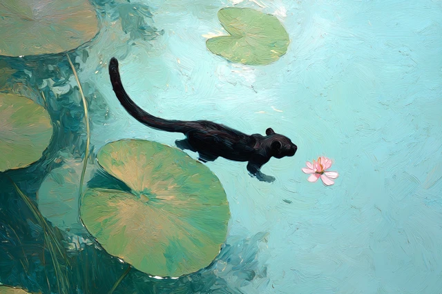 Black Panther in Monet Style Lily Pond