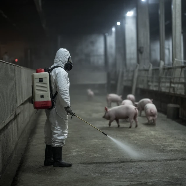 Biosecurity Technician Disinfecting Pig Barn Realistic Photo