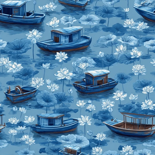Chinese Boat Pattern Lotus Flowers Porcelain Style