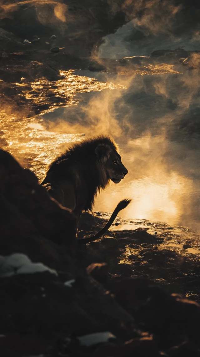 Majestic Lion Emerging from Shadowy Landscape