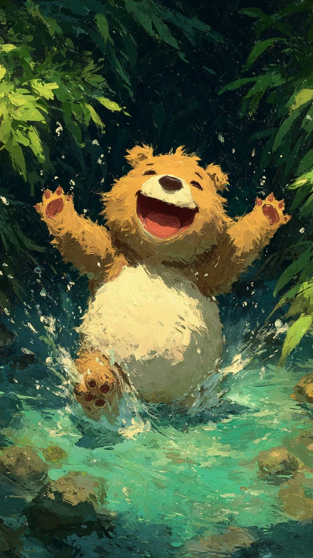 Joyful Bear Cub Splashing Watercolor Illustration