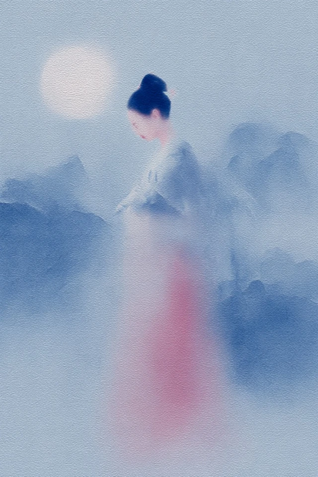 Hanfu Woman Under Moon Misty Mountains Art