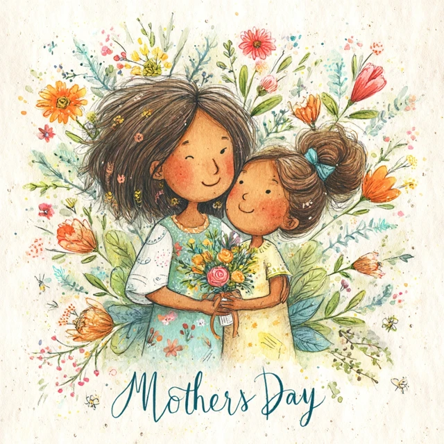 Mothers Day Watercolor Illustration with Flowers