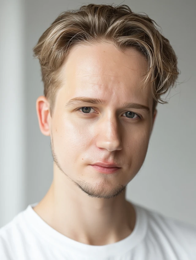 Headshot of a handsome blond man in a white tee