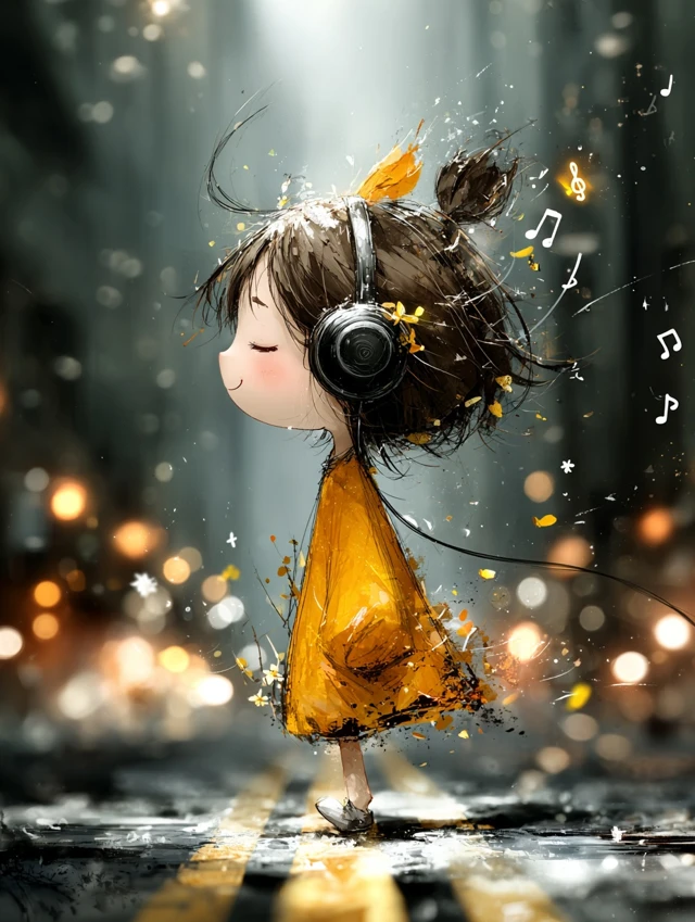 Cute Girl Listening to Music Smiling Walking