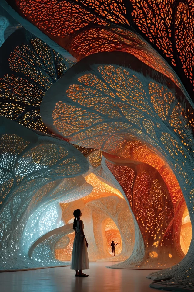 Girl in Mushroom Tunnel Exploring a Bioluminescent World