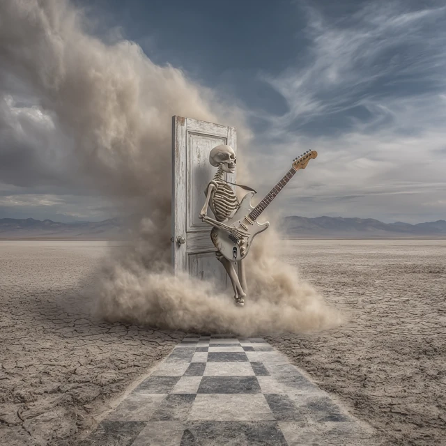 Skeleton Guitarist in Desert Doorway
