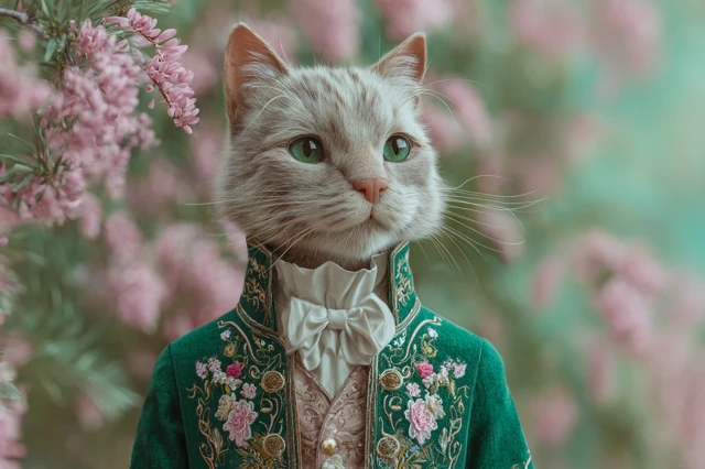 Regal Cat in 18th Century Attire with Ice Cream