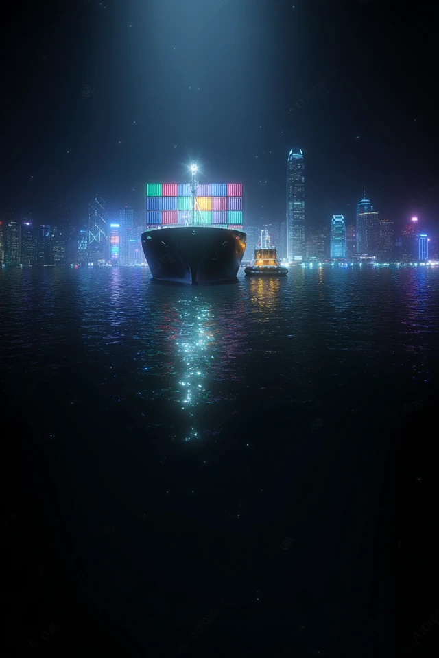 Cargo Ship at Night Arriving at Port City