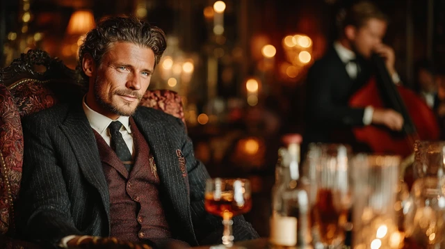 Businessman Relaxing in Bar with Whiskey Jazz