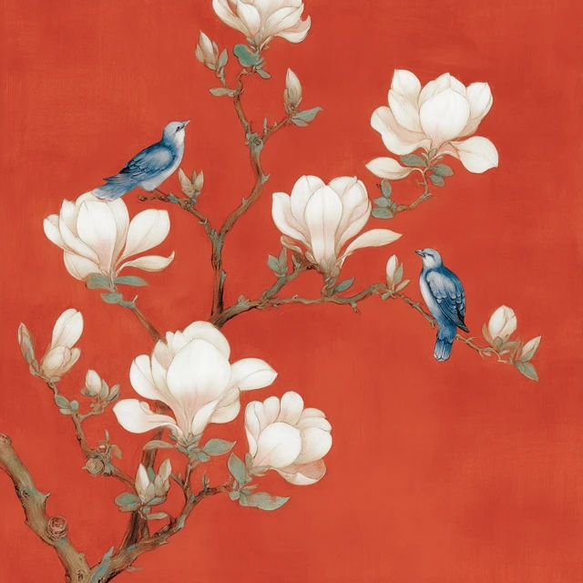 Magnolia Painting Blue Birds Red Background