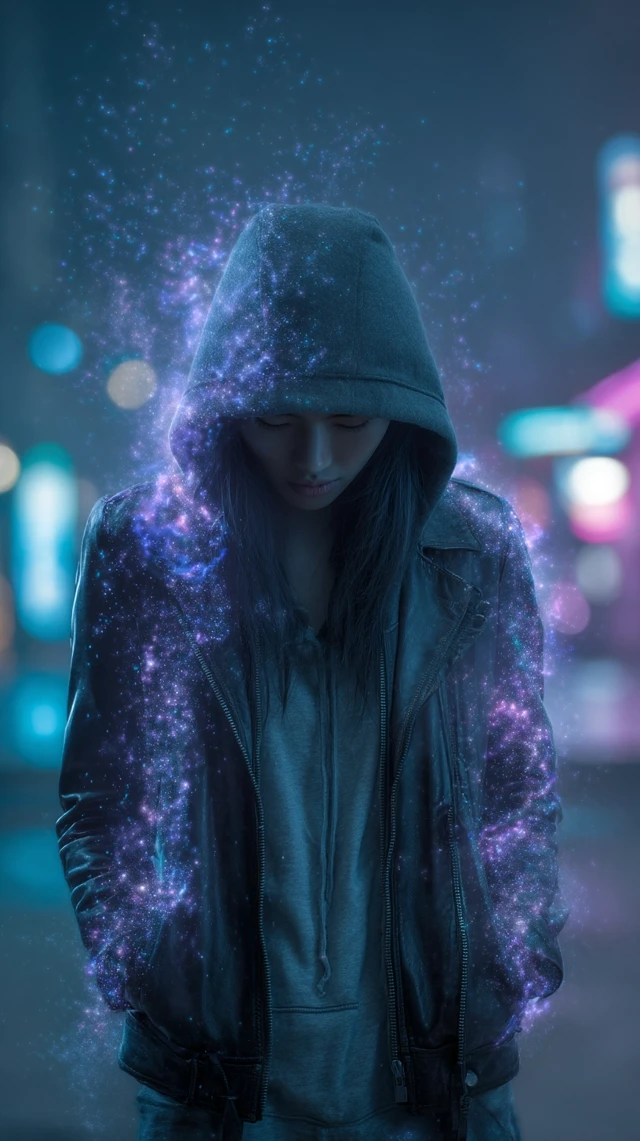Cyberpunk Woman Disintegrating Into Energy