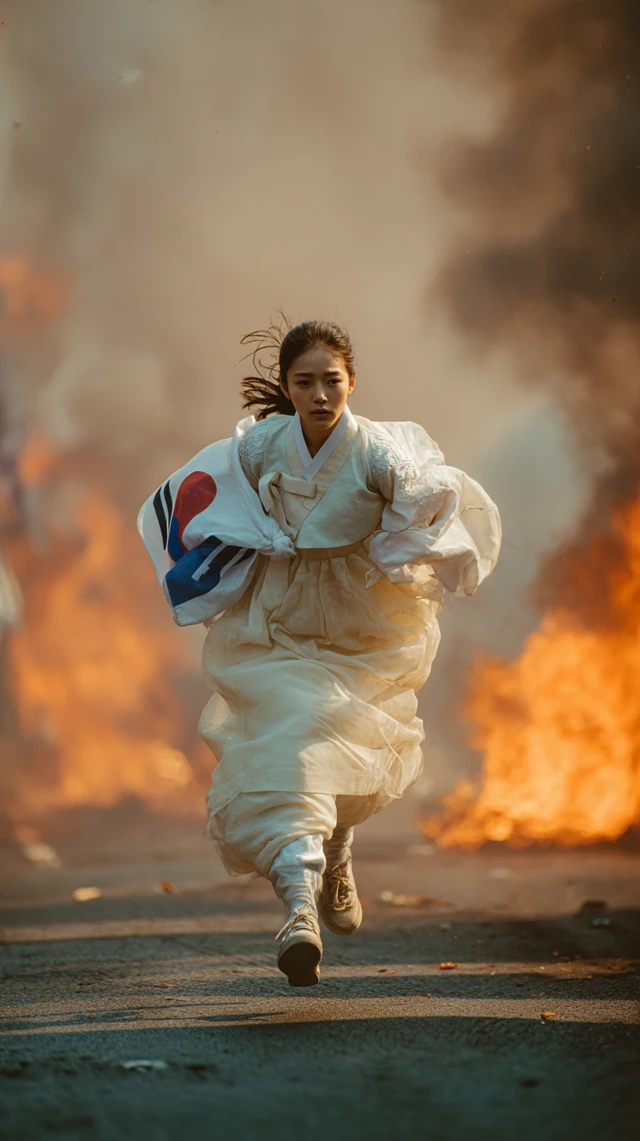 Korean Girl Hanbok Burning Street Action