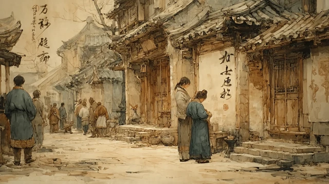 Ancient Chinese Village Street at Sunrise - Buddhist Art