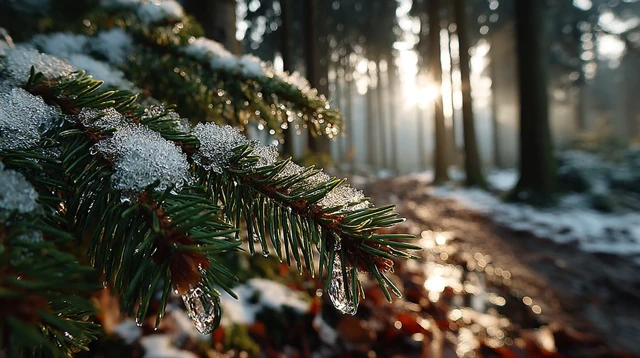 Melting Snow in Forest Early Spring Sunbeams
