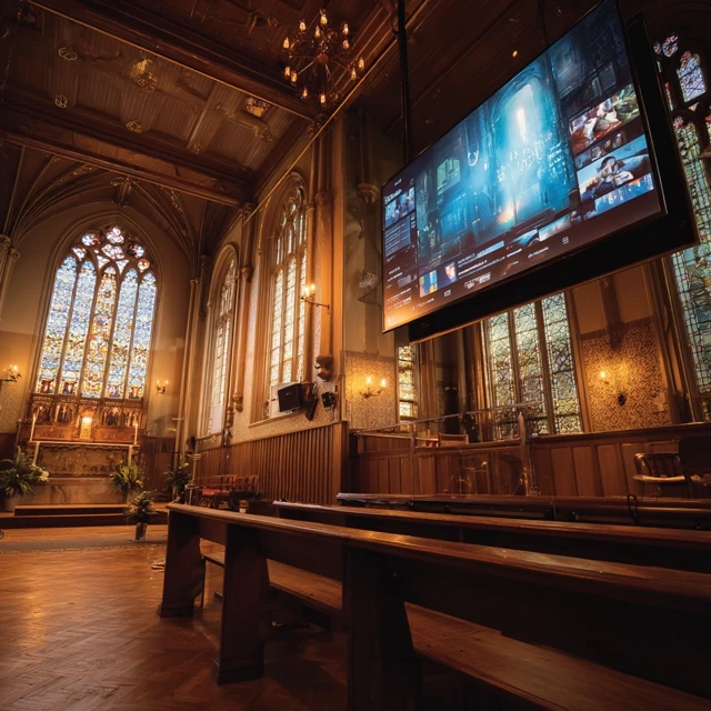 Church Interior with Modern Television