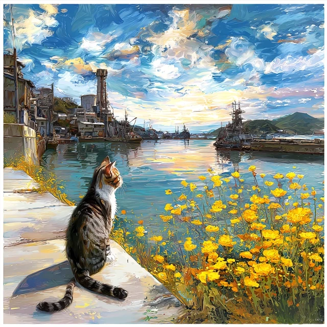 Sunrise Cat Onomichi Waterfront Painting