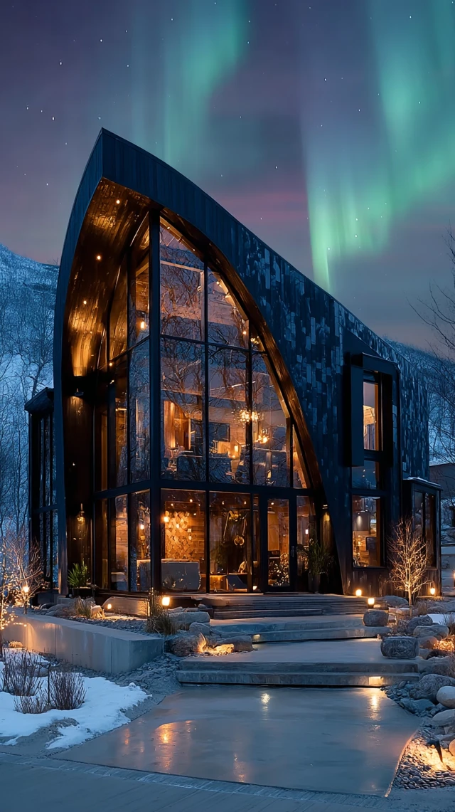 Scandinavian Home at Night with Aurora Borealis