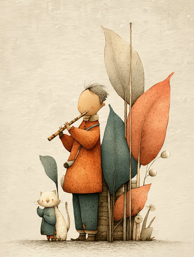 Chinese Flute Player with Cats Illustration