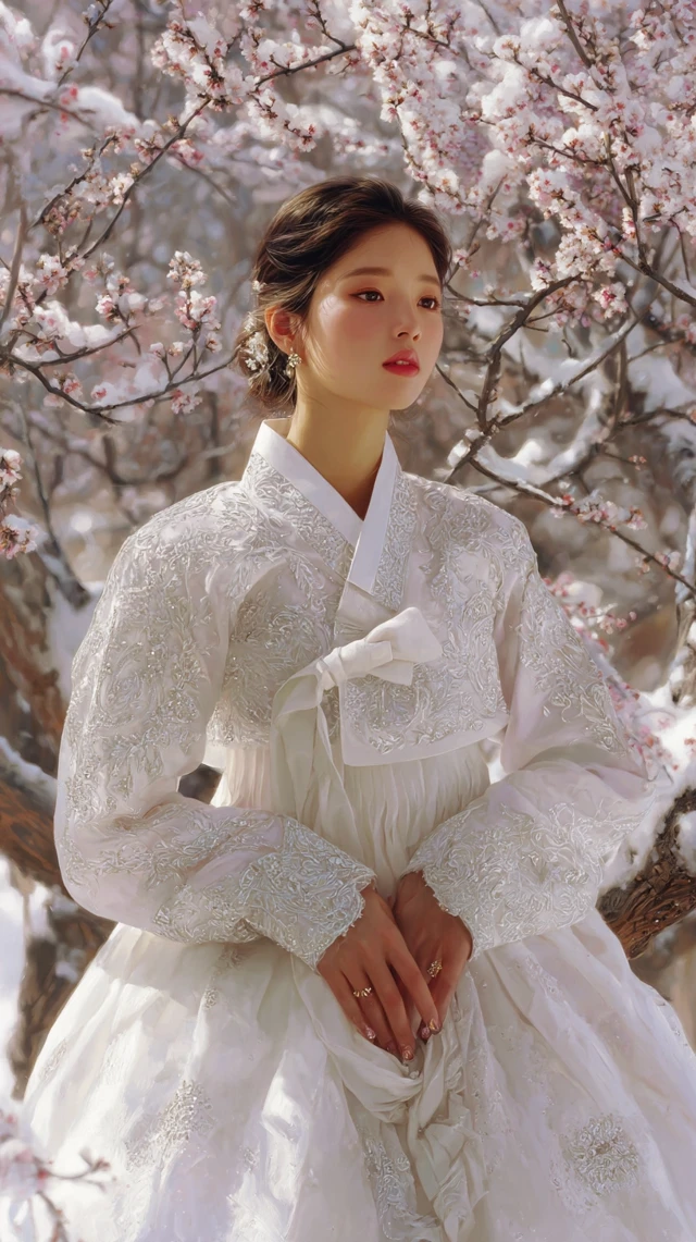 Korean Woman in Hanbok Under Plum Blossoms