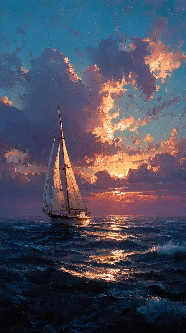 Sailboat on Stormy Sea Oil Painting