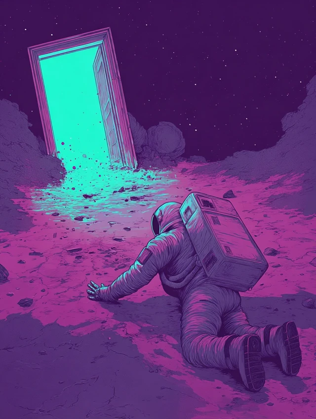 Astronaut in Space Reaching for Doorway