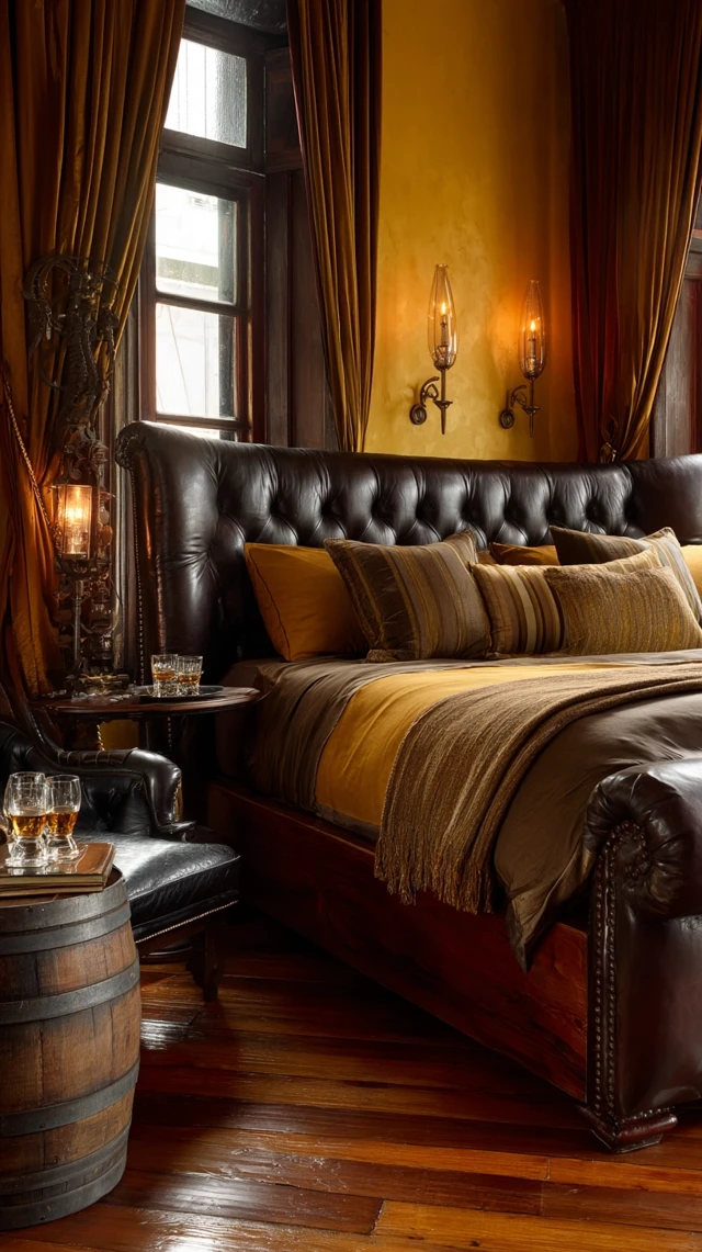 Cozy Bedroom Amber Walls Walnut Furniture