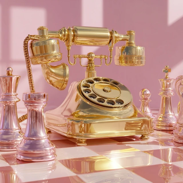 Shiny Gold Telephone and Chess Pieces Graphic