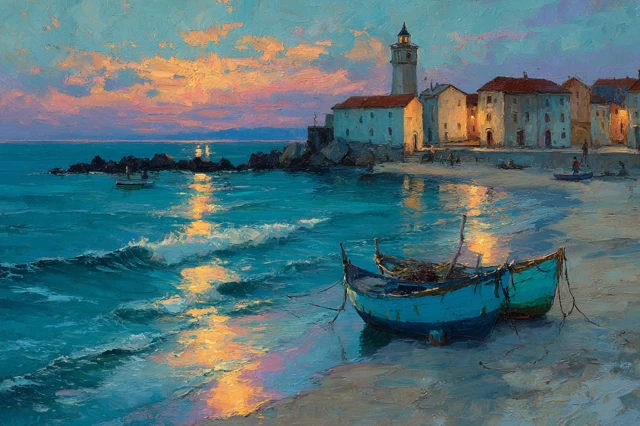 Coastal Village Oil Painting Impressionist Art