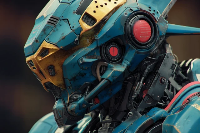 Hyper Real Battle Mecha Portrait in Teal Gold